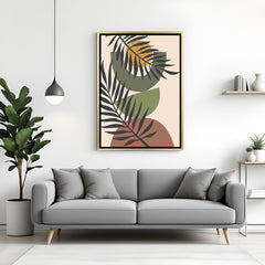 Golden frame canvas featuring calming earthy forms and botanical line drawing for boho decor