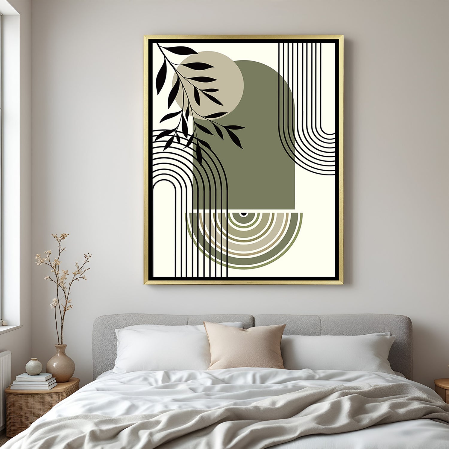 Golden frame canvas art with minimal lines and soft green-beige stone shapes in boho style