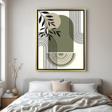 Golden frame canvas art with minimal lines and soft green-beige stone shapes in boho style