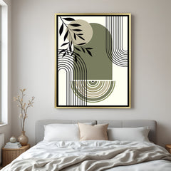 Golden frame canvas art with minimal lines and soft green-beige stone shapes in boho style
