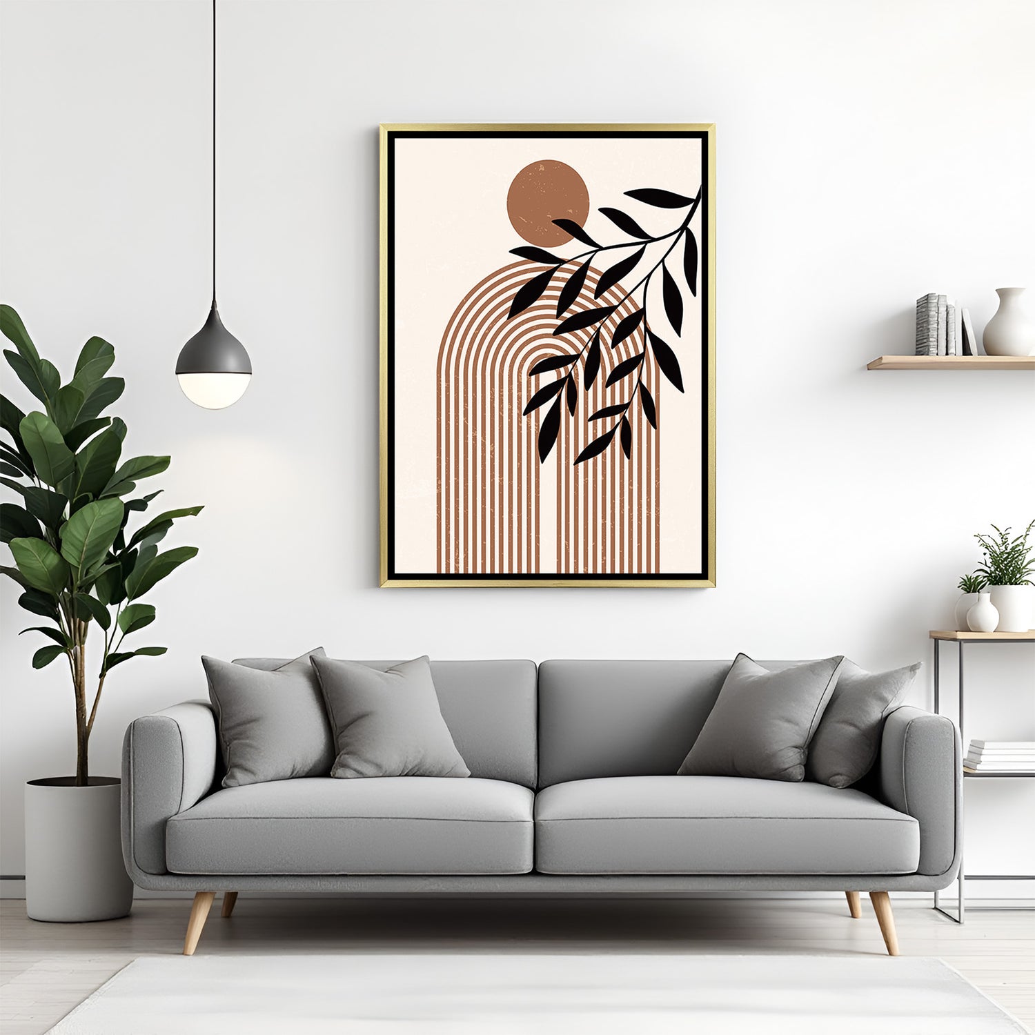 Golden frame boho canvas art with leaf and line illustration in soft neutral tones