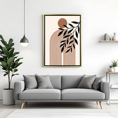 Golden frame boho canvas art with leaf and line illustration in soft neutral tones