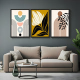 Boho wall art set of 3 with minimal abstract design, floral artwork, and line art with leaves in earthy tones – ideal for calming modern interiors