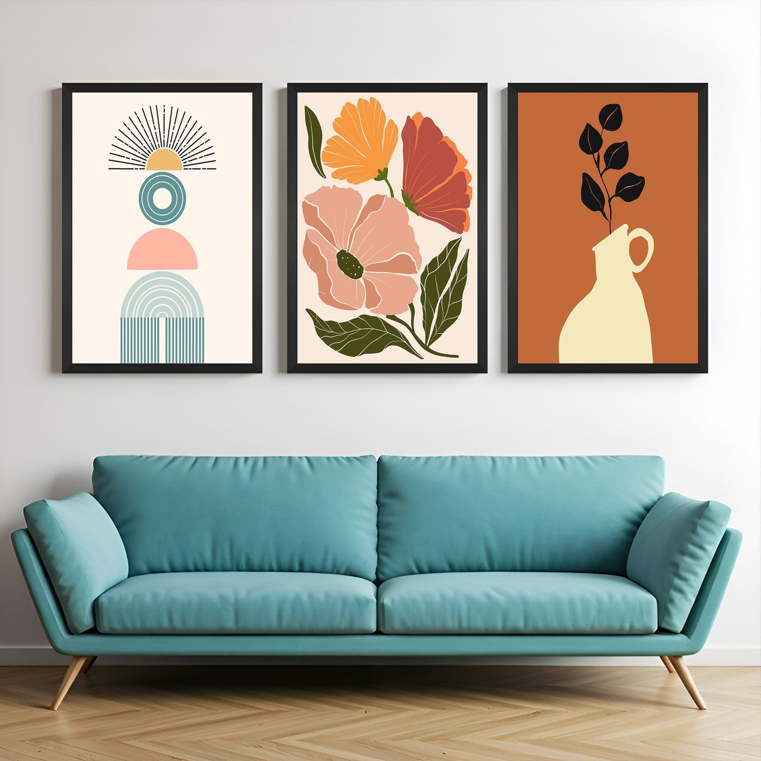 Boho canvas wall art set of 3 featuring minimal abstract art, floral design, and potted plant with leaves – perfect for calm modern decor