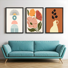 Boho canvas wall art set of 3 featuring minimal abstract art, floral design, and potted plant with leaves – perfect for calm modern decor