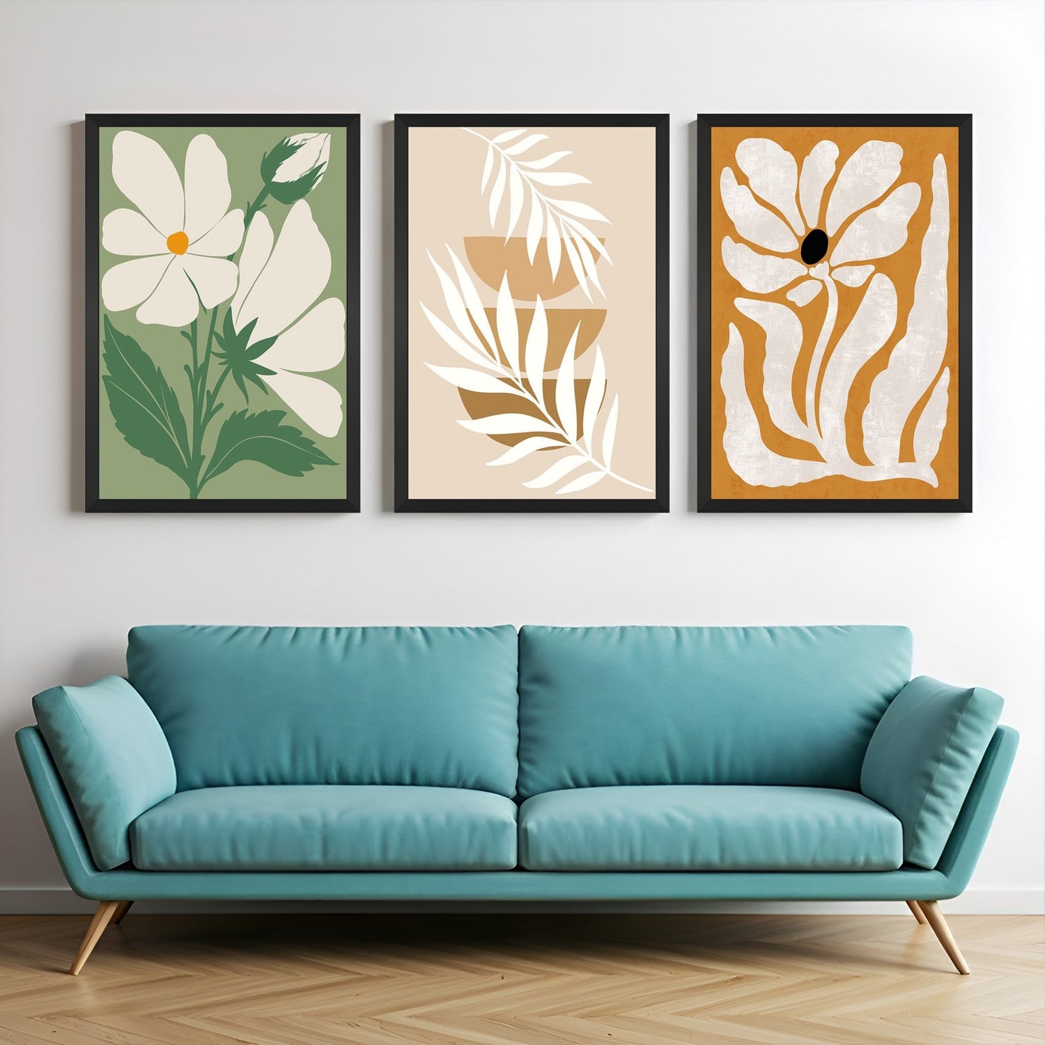 Boho wall art set of 3 with two flower prints and one minimalistic design – perfect for soft, elegant, nature-themed interiors