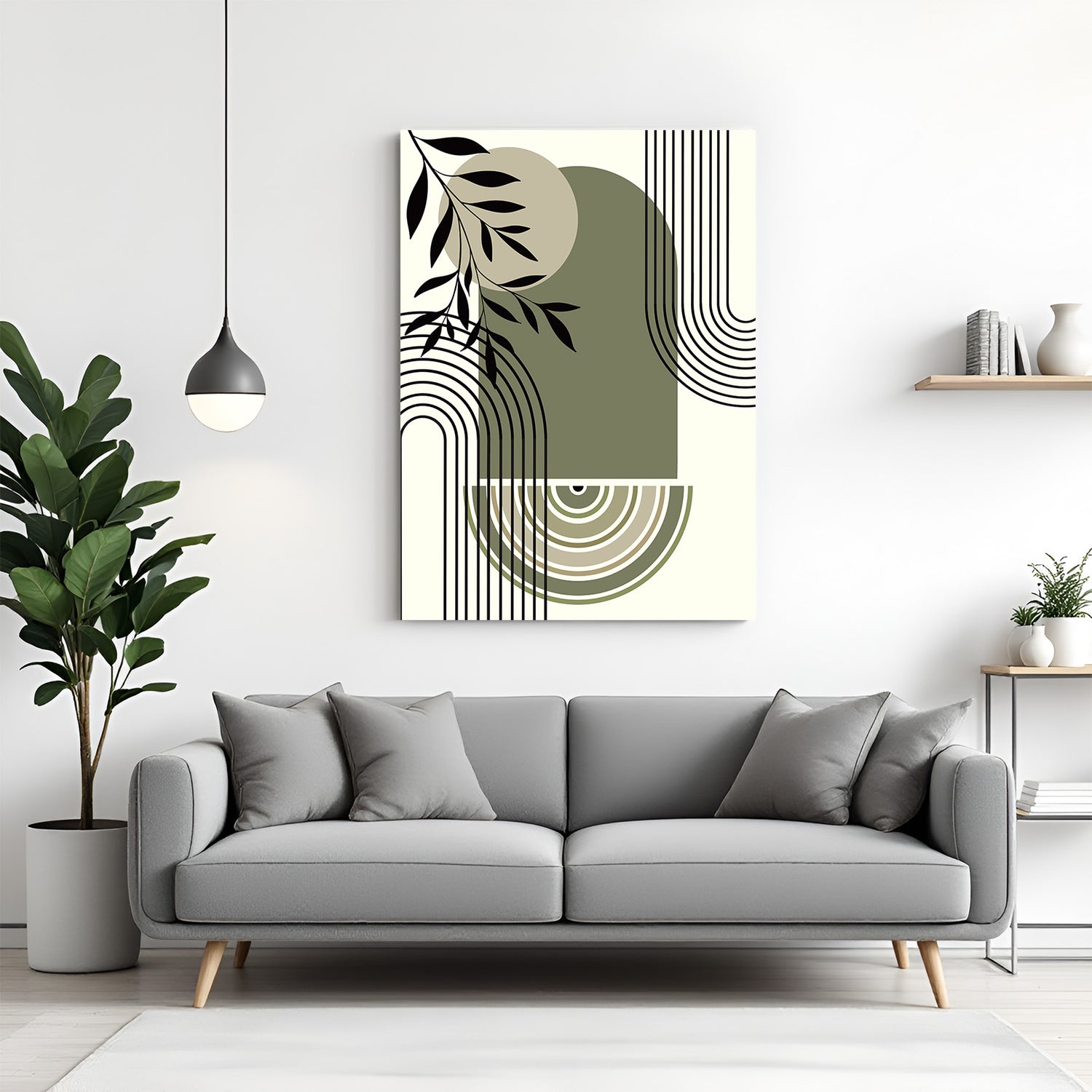 Minimal abstract boho canvas wall art with greenish stone tones and free-flowing random lines
