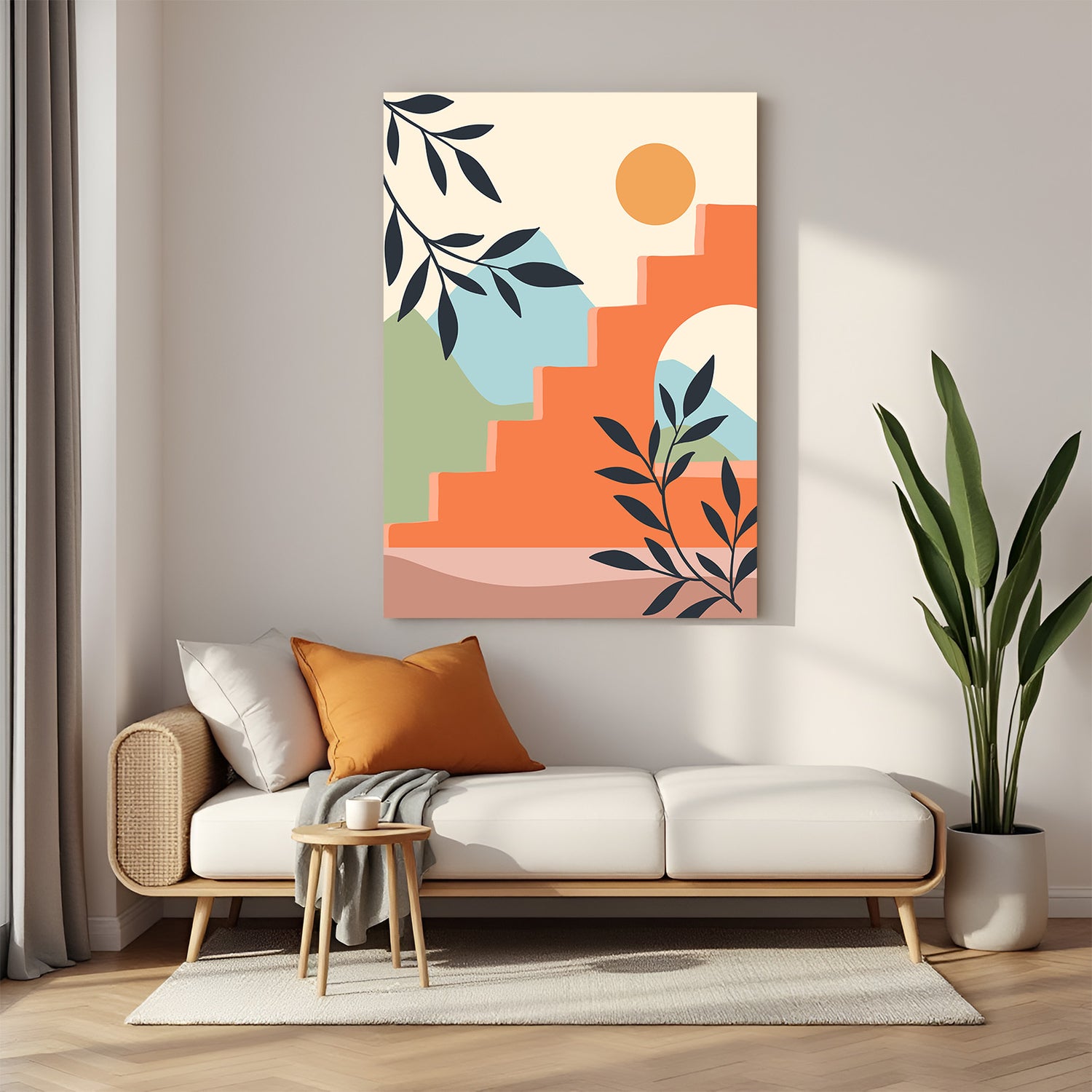 Boho canvas wall art with pastel mountains, abstract sun, orange stairs and minimal leaf design
