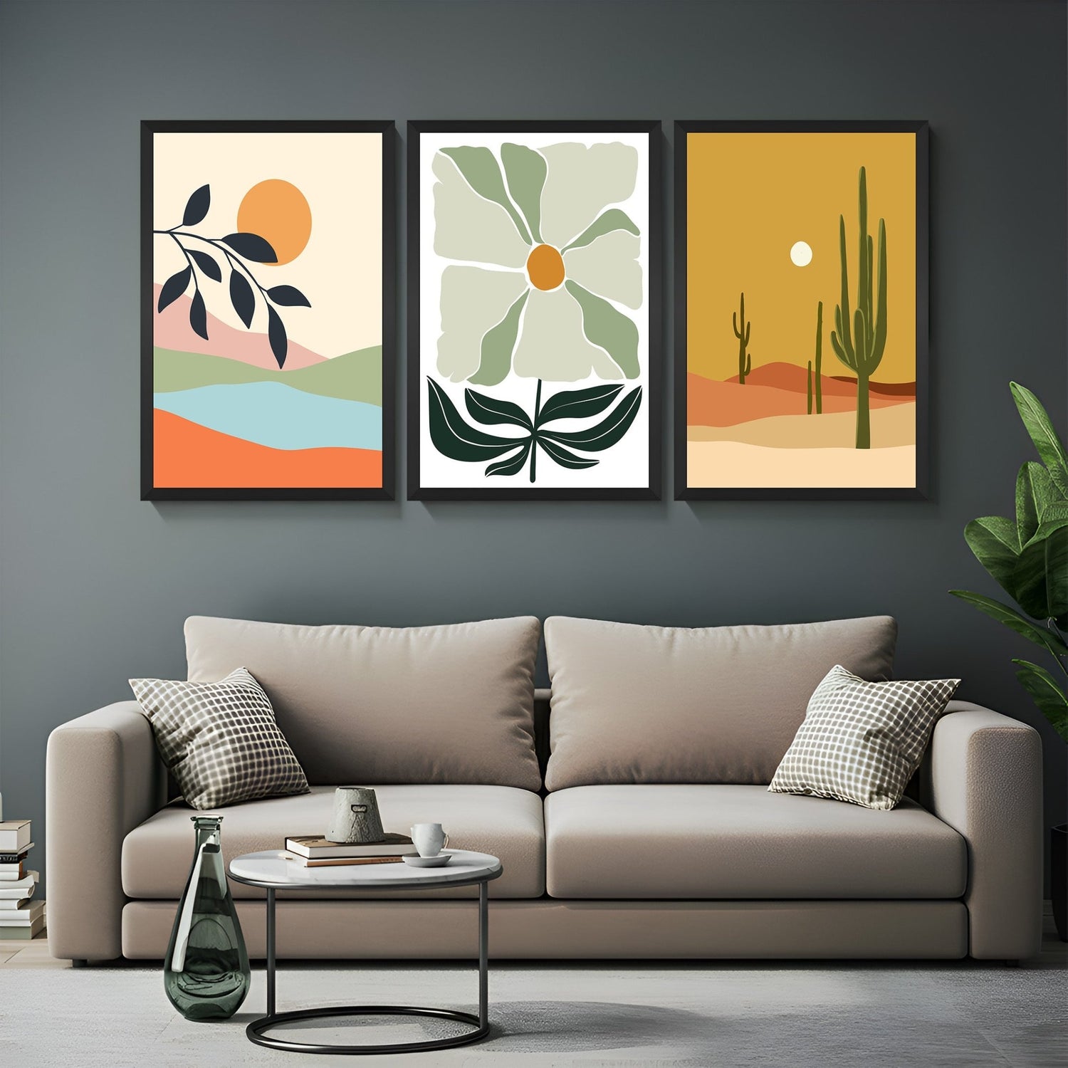 Set of 3 boho wall art prints featuring landscape with sun, green flower, and desert cactus scene – ideal for earthy and calming interiors
