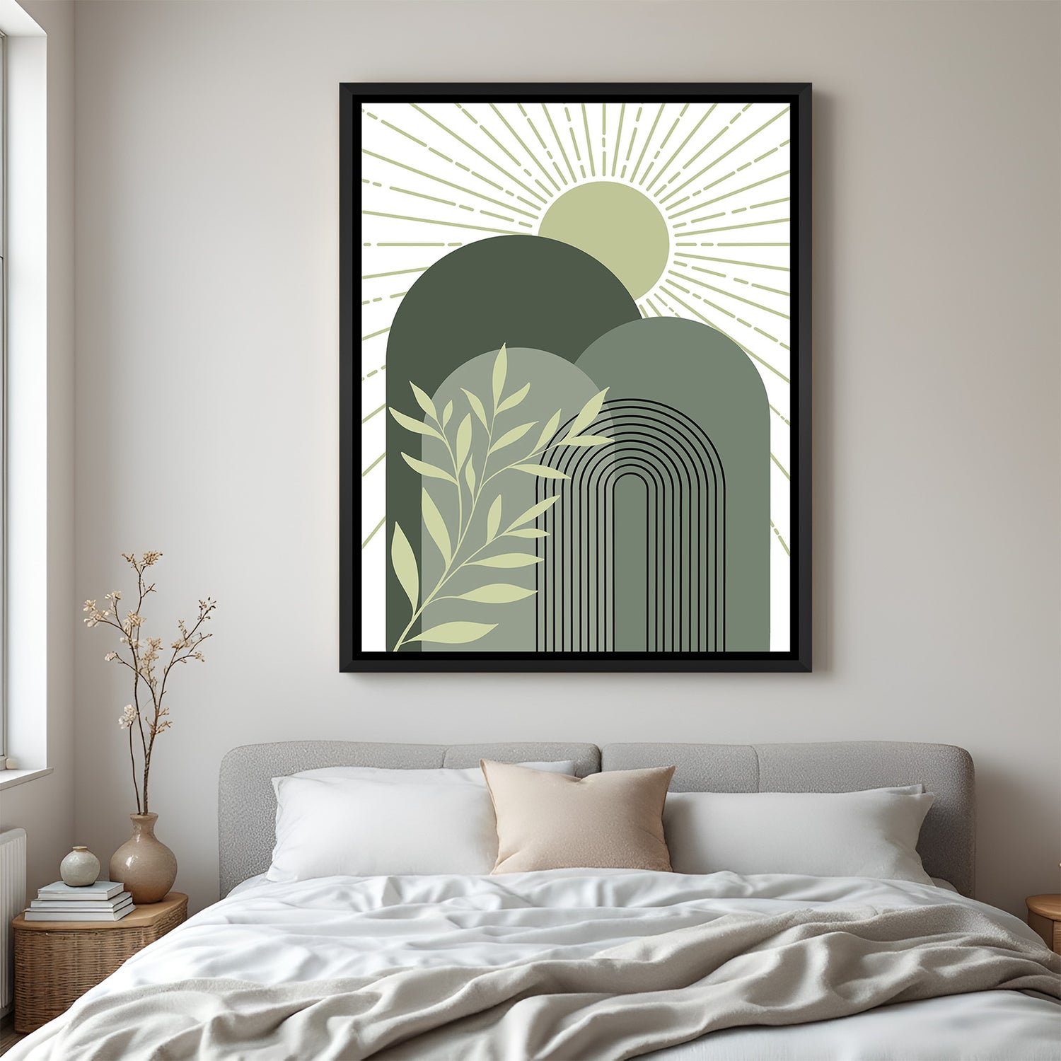 Abstract boho canvas print with green shapes and sun in black floater frame for calm interiors