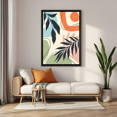 Bohemian abstract canvas with pastel random shapes and minimal earthy detail in black frame