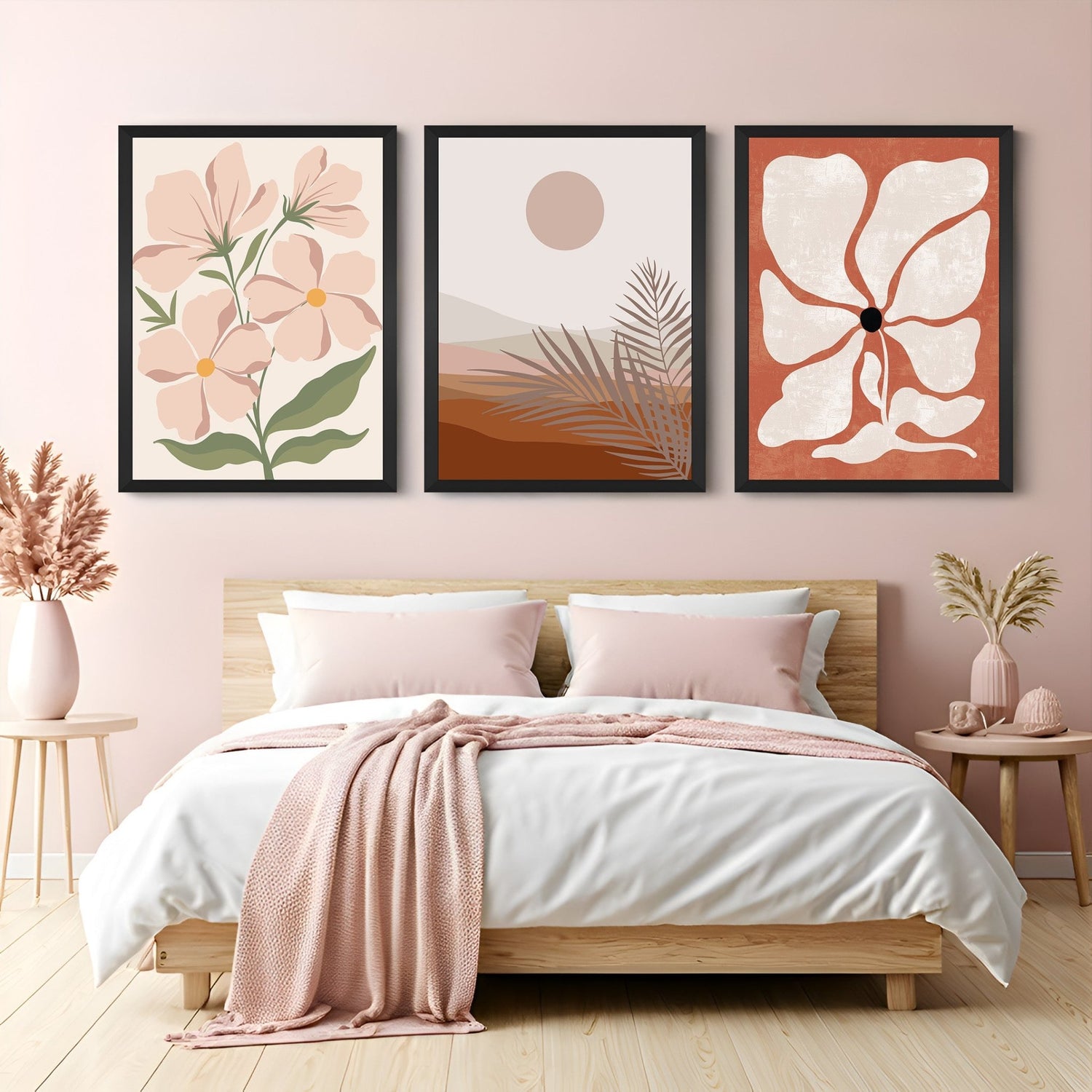 Bohemian wall art set of 3 featuring pastel pink flower cluster, desert landscape, and floral print – ideal for earthy and calming interiors