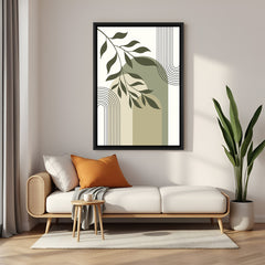 Black frame canvas featuring pastel green shapes, fine leaf stem, and minimal line details