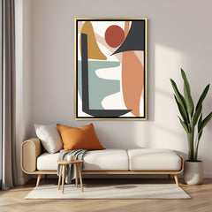 Golden frame canvas wall art with soft pastel abstract shapes on white background