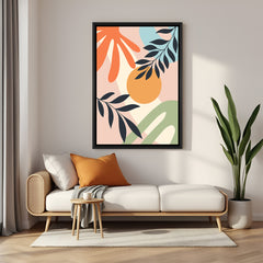 Black frame canvas print with pasted colors, random forms, and light botanical contrast