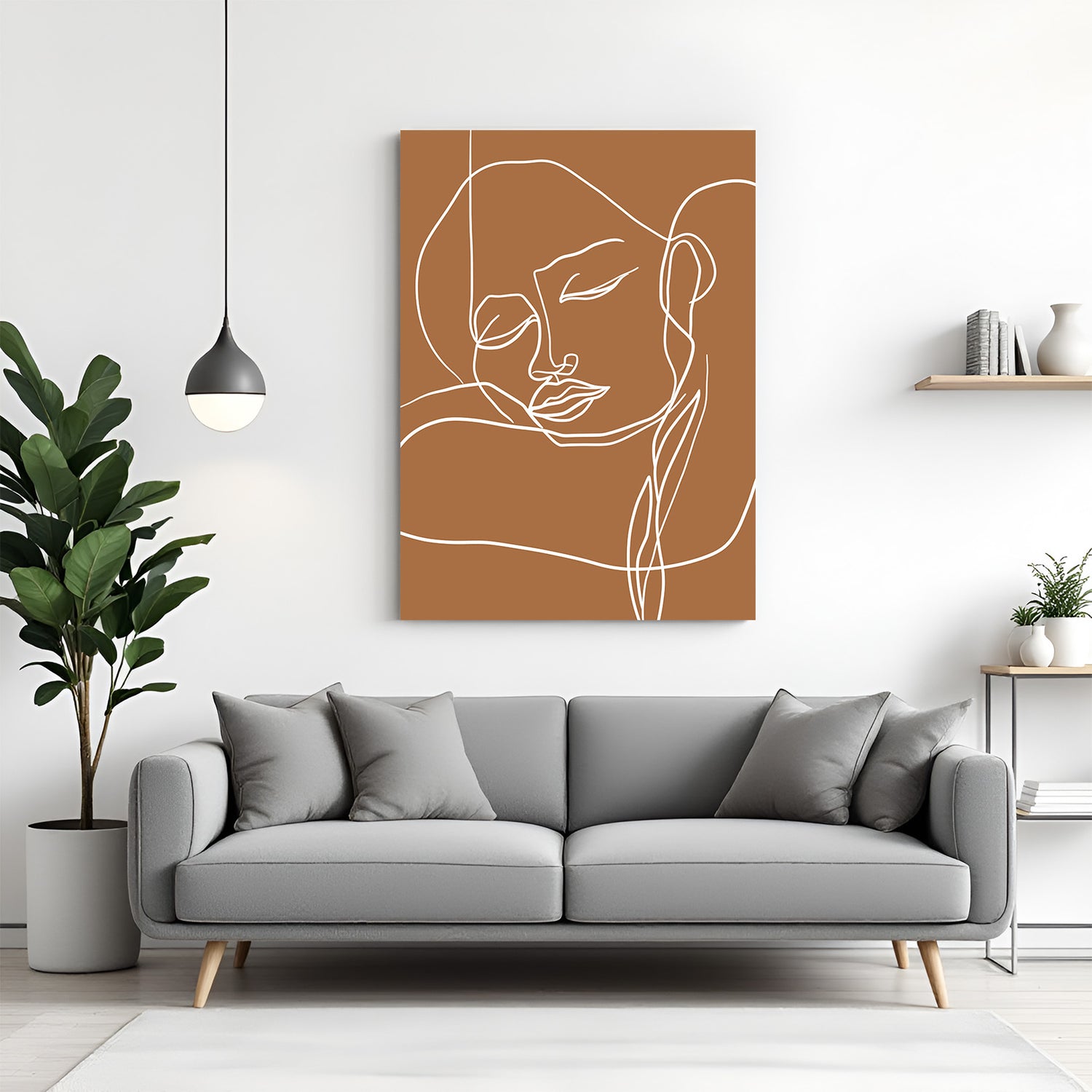 Minimal boho canvas art of a girl's face drawn with single line – clean modern wall decor