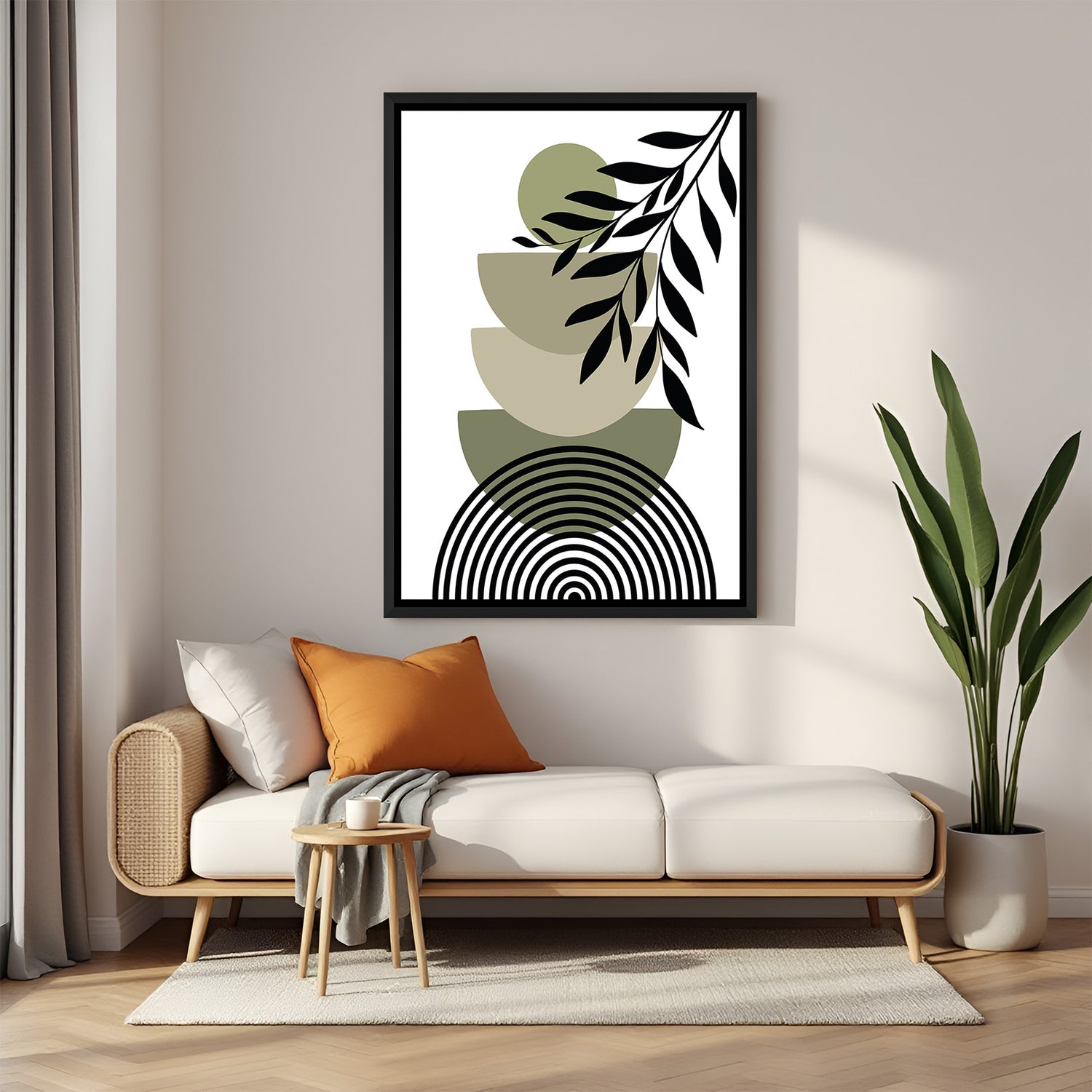 Black frame boho canvas print with minimal U-forms, green elements, and botanical stem
