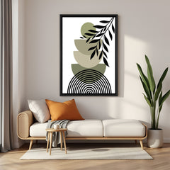 Black frame boho canvas print with minimal U-forms, green elements, and botanical stem