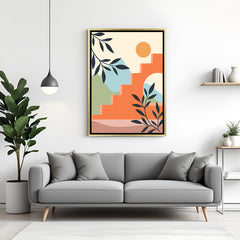 Golden frame canvas featuring earthy stairs, pastel shapes, and sun for bohemian wall style