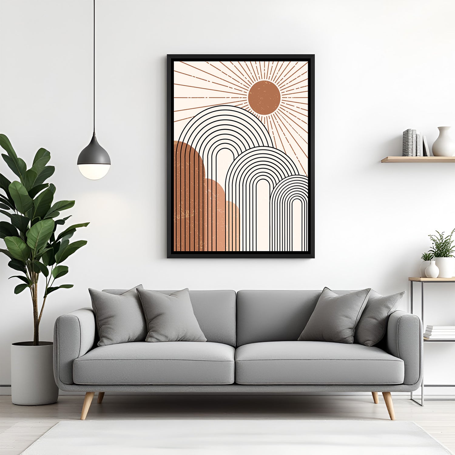 Black framed boho wall art featuring abstract sun and modern linear composition