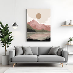Minimal canvas wall art featuring boho sun and soft mountains in a light earthy tone palette