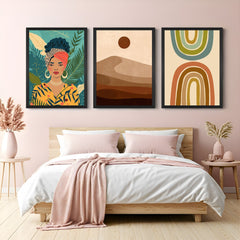 Boho wall art set of 3 featuring a woman in floral background, warm desert scenery, and abstract minimal art in earthy tones – ideal for modern interiors