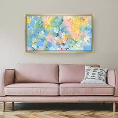Colorful abstract canvas art with golden frame for modern wall decor