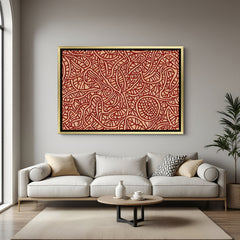Luxury red pattern Kalamkari artwork in golden floater frame with traditional ornamental design