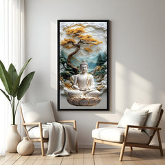 Bonsai Mountain Buddha spiritual canvas artwork in premium black floater frame