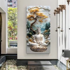 Bonsai Mountain Buddha canvas painting with Zen meditation artwork in canvas wrapped frame