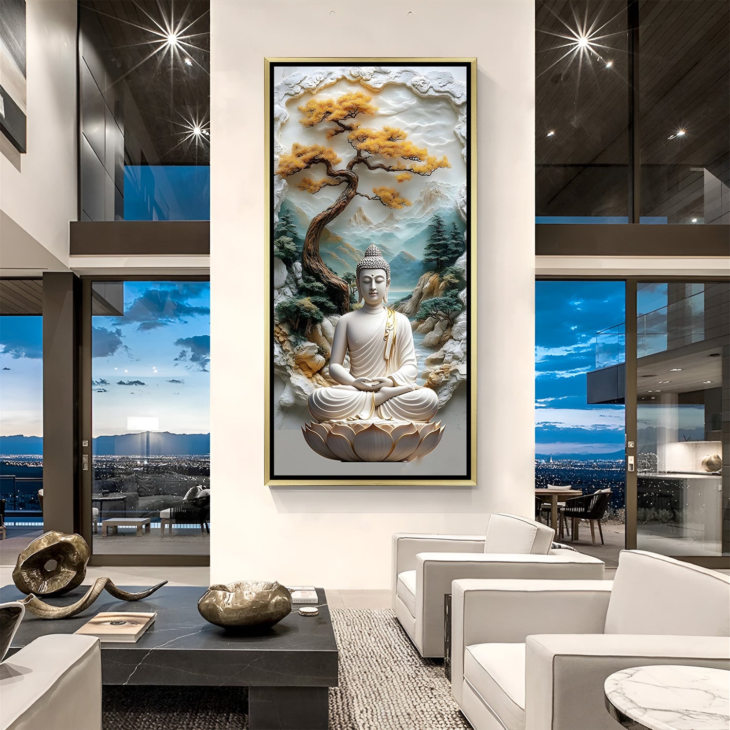 Bonsai Mountain Buddha wall art in luxury golden floater frame with scenic meditation design