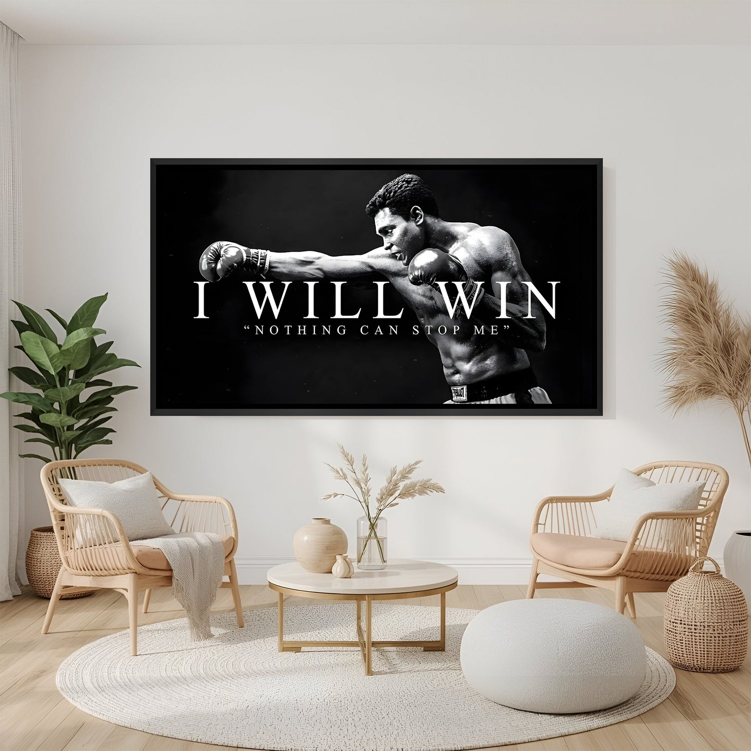 Motivational boxer wall art in black floater frame premium sports canvas decor