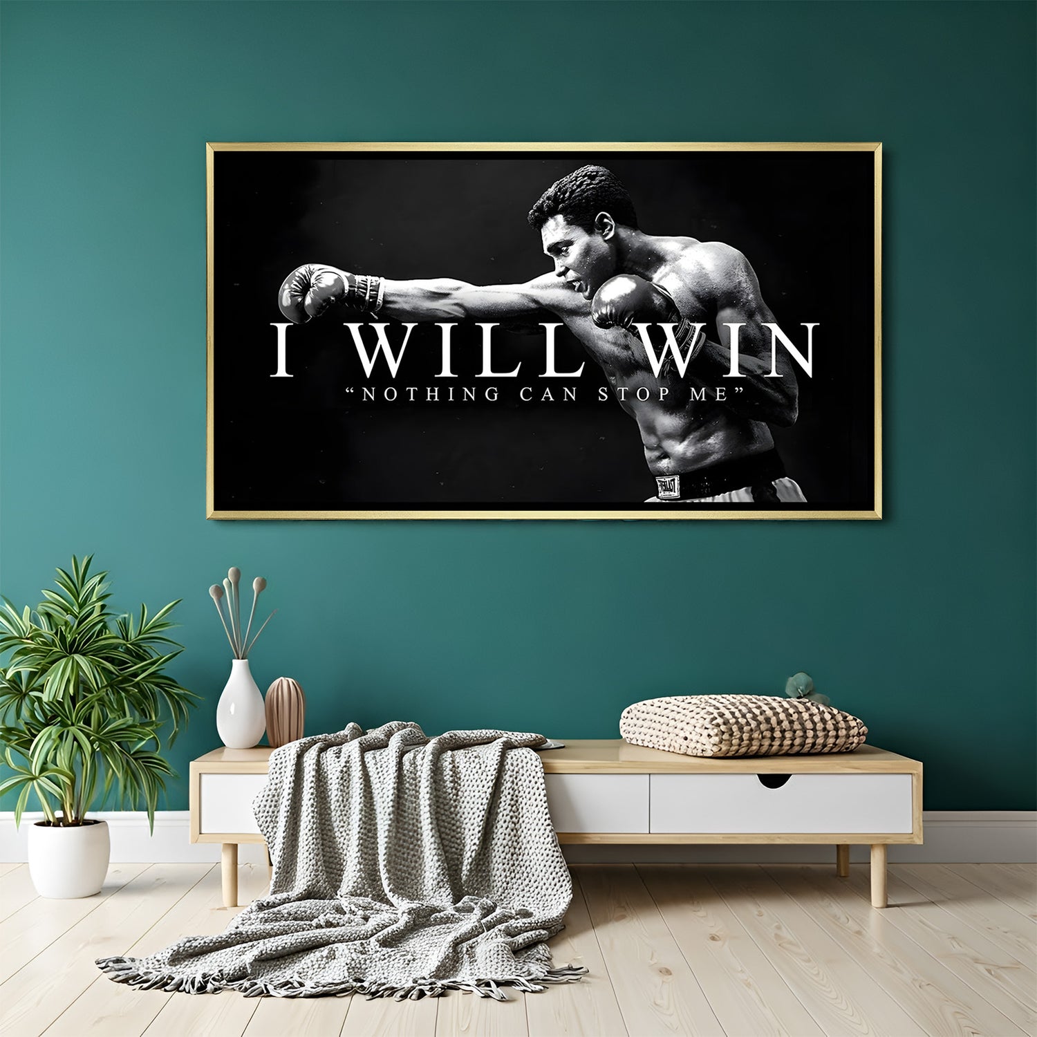 Boxer inspirational artwork in golden floater frame luxury gym wall painting decor