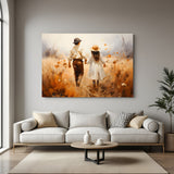Vintage canvas art of a boy and girl holding hands walking in a field—canvas printed wall art with ancient-style romantic charm