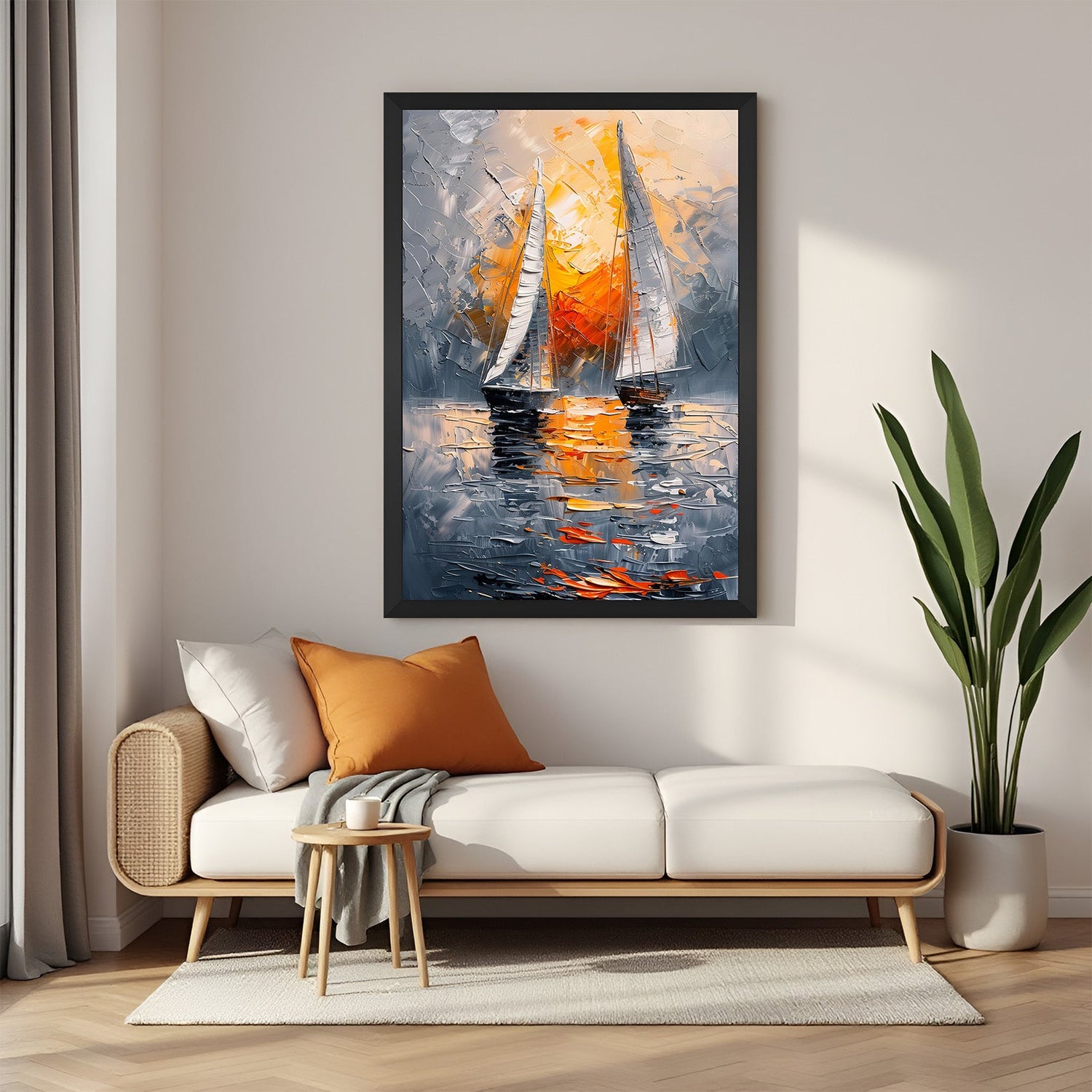 Black frame abstract canvas of sunset over water body – glowing painted wall art ideal for warm and vibrant interiors