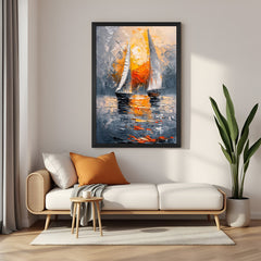 Black frame abstract canvas of sunset over water body – glowing painted wall art ideal for warm and vibrant interiors