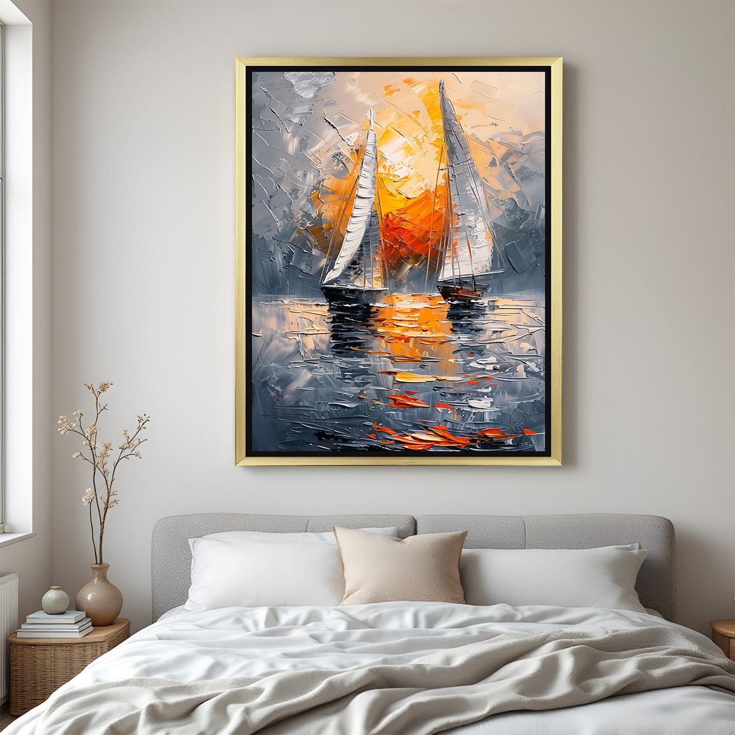 Golden frame canvas print of bright abstract sunset on river – artistic wall art full of color, light, and peaceful energy