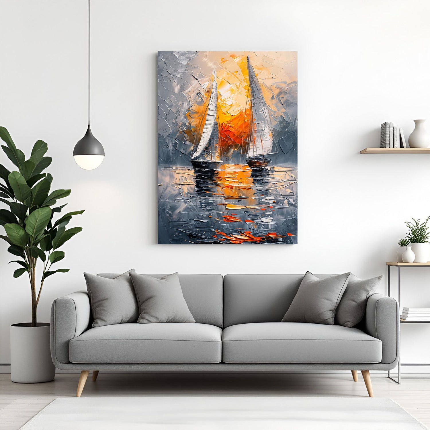 Abstract canvas wall art of a bright sunset over a river – vivid painted artwork with golden tones and water reflections for modern decor