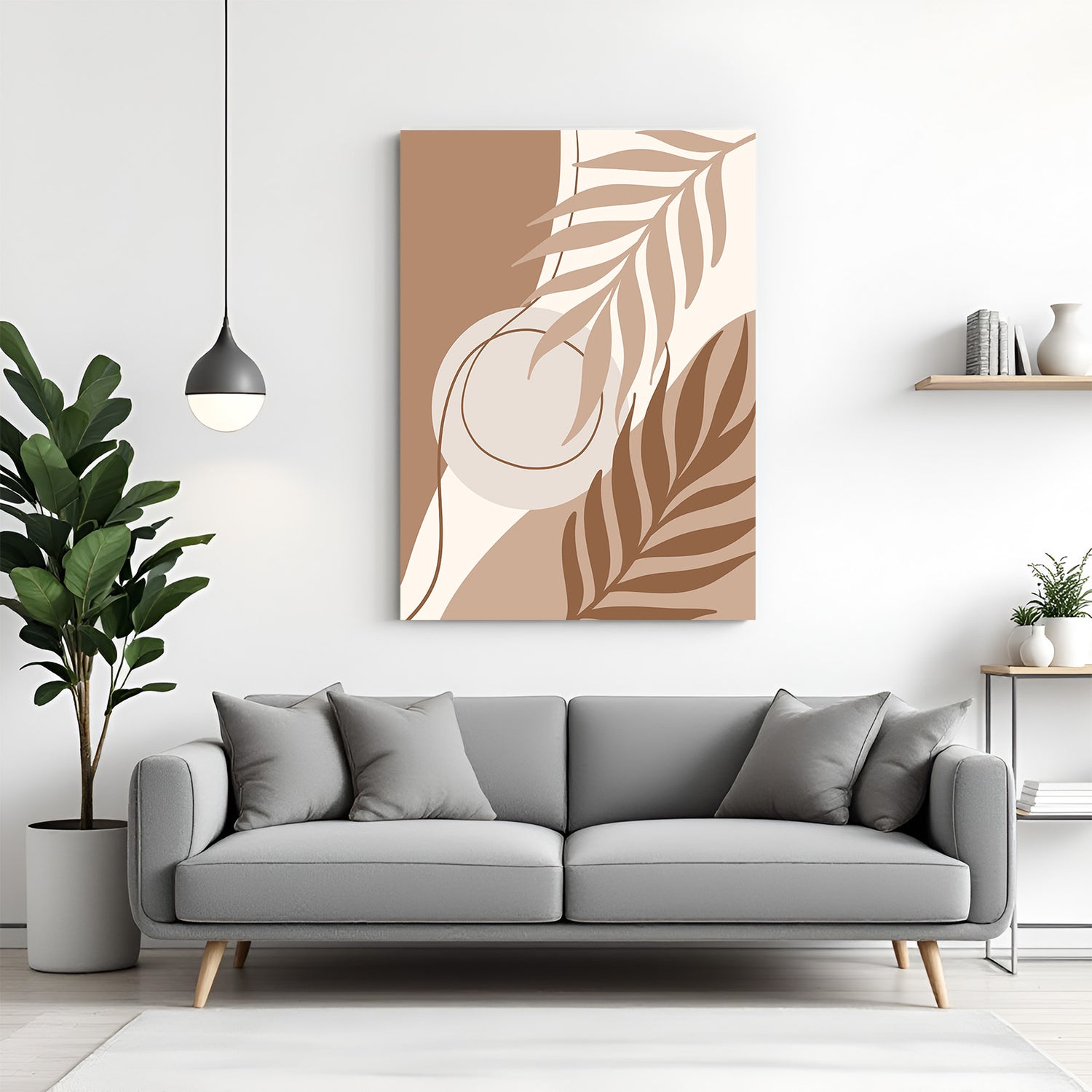 Boho canvas wall art in brown tones with soft leaf elements and minimal abstract design