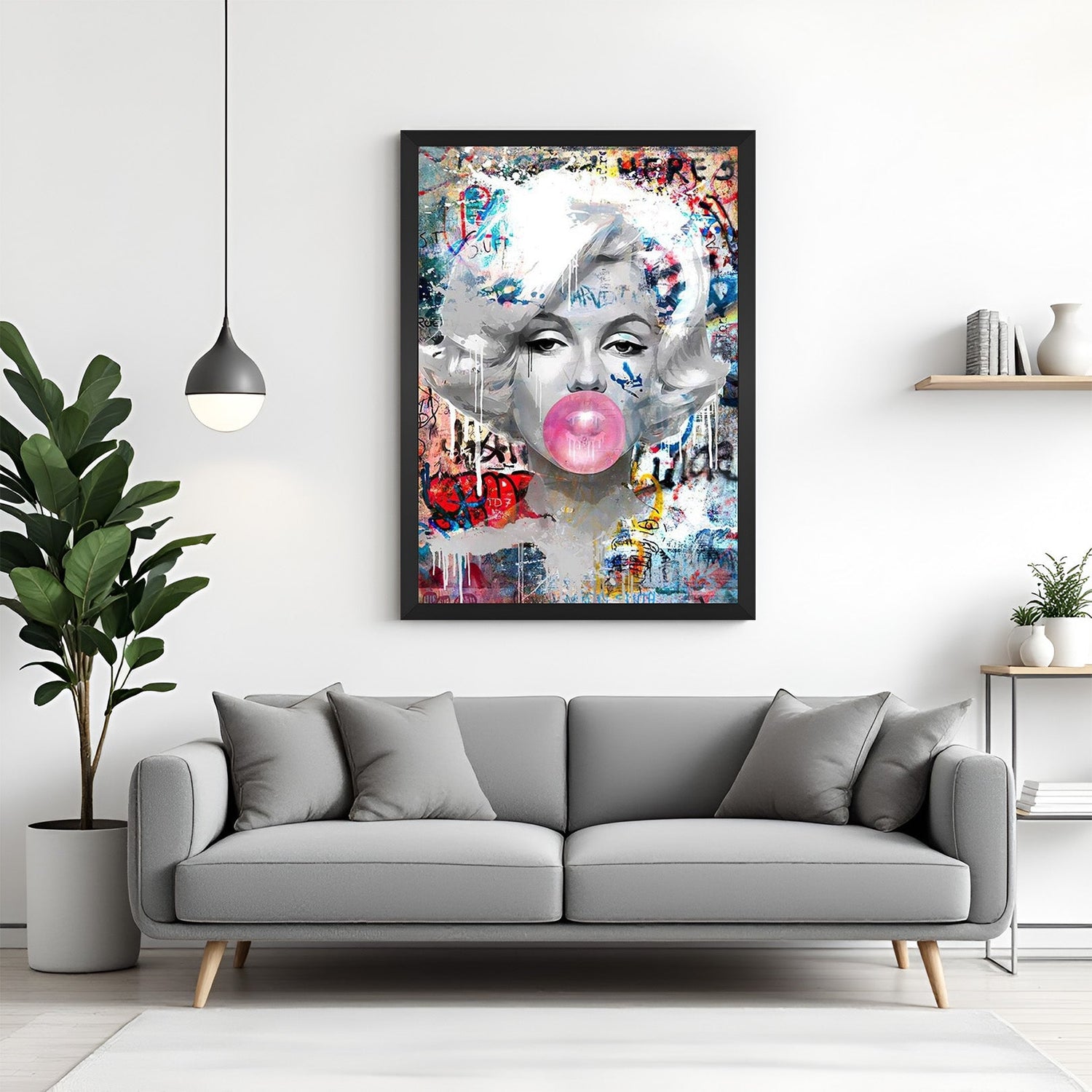 Modern altered art of bubblegum-blowing woman framed in black, combining quirky portraiture and contemporary design for unique canvas wall decor