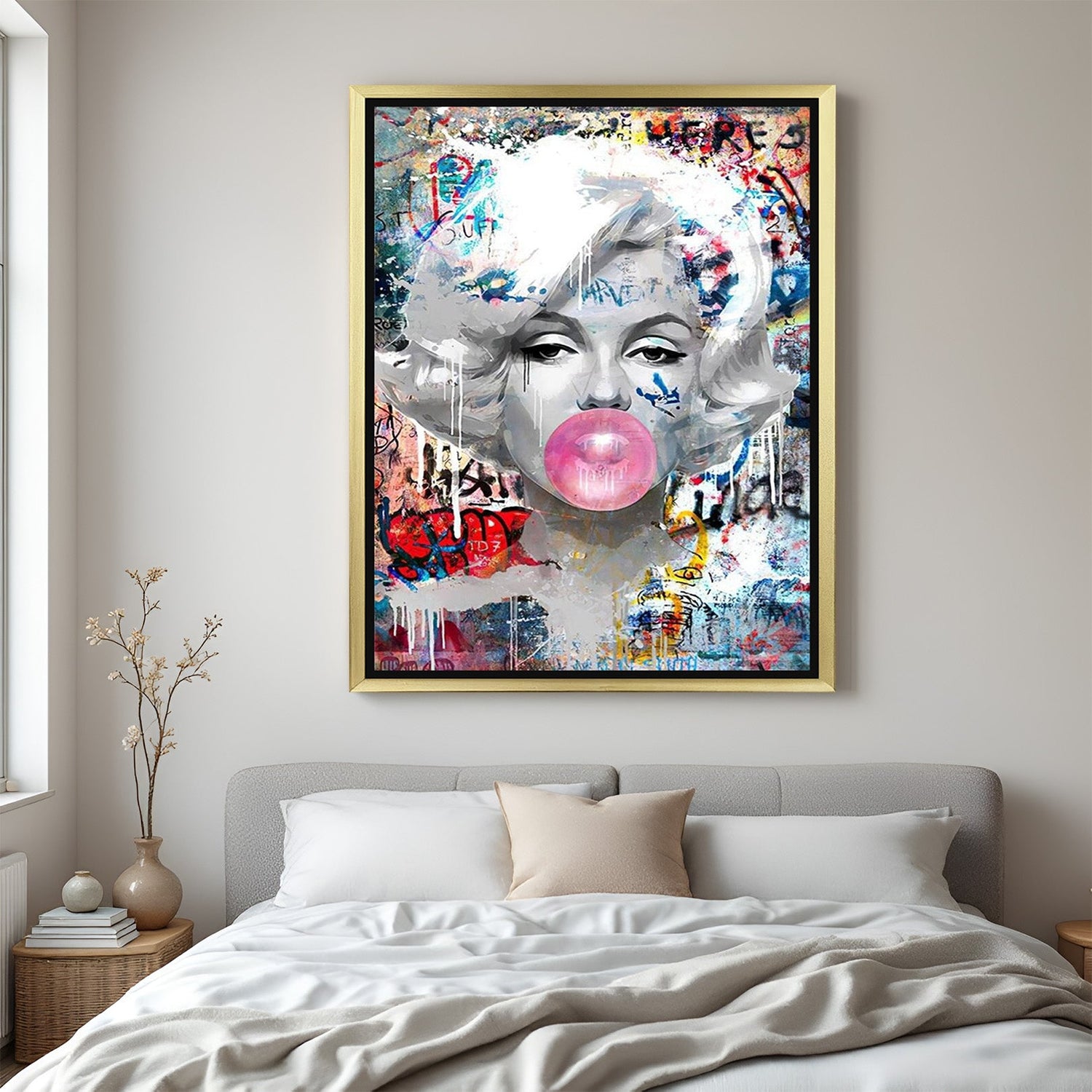 Premium altered art canvas print of a woman with bubblegum, framed in gold, featuring stylish textures and bold tones for trendy, statement-making wall decor