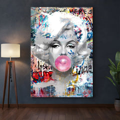 Altered art canvas of a fashionable woman blowing bubblegum in a quirky, modern style with pop colors and edgy textures—perfect for bold home or office wall decor