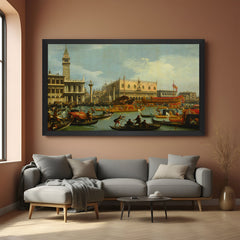 Black-framed canvas wall art of Canaletto’s ceremonial Bucentaur scene with grand canal and Doge’s Palace