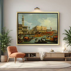 Golden-framed antique-style canvas print of Venice’s Bucentaur procession—historic maritime celebration scene
