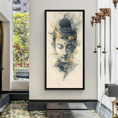 Buddha face hand-painted canvas wall art in black floater frame for peaceful spiritual wall decor