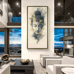 Buddha face hand-painted canvas wall art in golden floater frame for peaceful spiritual wall decor