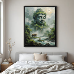 Buddha's Sacred Mountain Arrival wall painting in black floater frame with spiritual mountain and elephant artwork