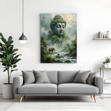 Buddha's Sacred Mountain Arrival canvas wall art featuring Buddha emerging from mountains with two elephants in premium canvas wrapped frame
