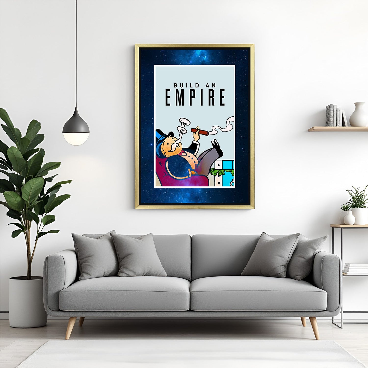 Golden frame inspirational canvas wall art – Monopoly Man and success quote