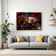 Golden-framed Bull of Wall Street modern canvas—striking and symbolic wall decor for powerful, finance-driven, and motivational spaces